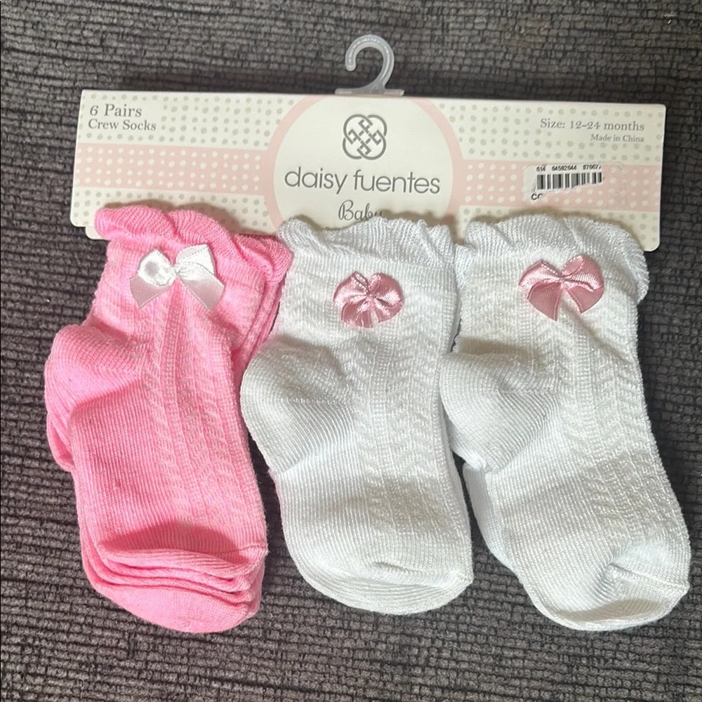 Pink and White Bow Socks 6 pairs